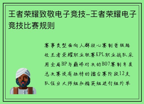 王者荣耀致敬电子竞技-王者荣耀电子竞技比赛规则